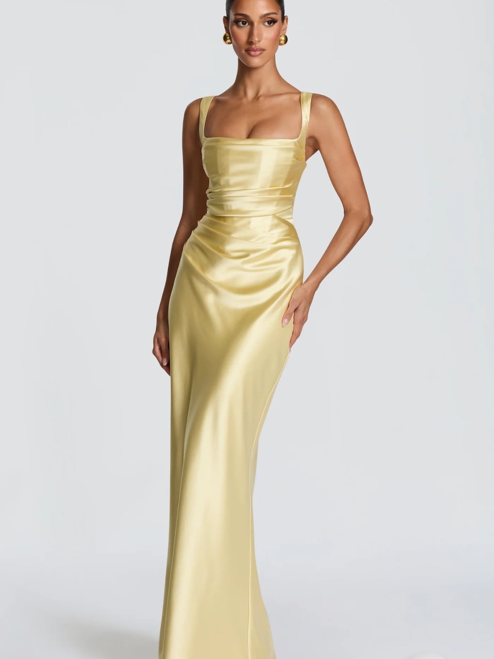 Satin Square-Neck Evening Gown in Pale Gold